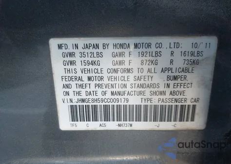 2012 Honda Fit Sport from USA, damaged, VIN JHMGE8H59CC009179